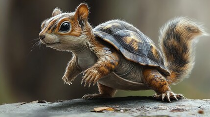 Obraz premium A whimsical creature, blending features of a squirrel and a turtle, exploring its vibrant forest habitat.