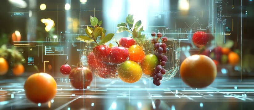 Futuristic digital display showcasing vibrant assortment of fresh fruits like apples, oranges, and grapes.