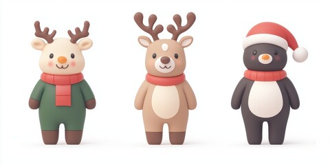 Fototapeta premium Cute cartoon characters featuring festive reindeer and a penguin in holiday attire.