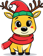Fototapeta premium Deer Vector design with Outline of A cute Jingle the Reindeer wearing a Santa clause hat and scarf on white background