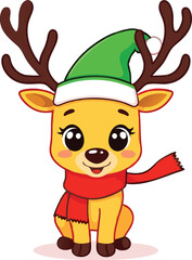 Naklejka premium Deer Vector design with Outline of A cute Jingle the Reindeer wearing a Santa clause hat and scarf on white background