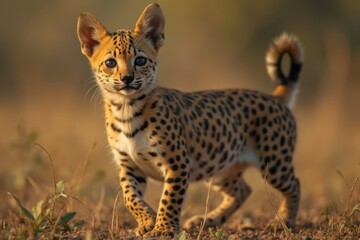 Naklejka premium Young leopard cub exploring the grasslands at sunset