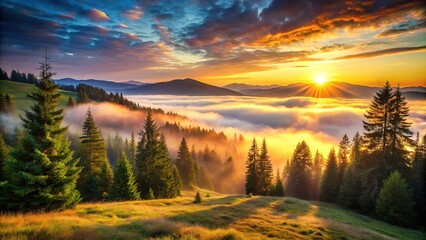 Obraz premium Misty Sunrise Valley, Evergreen Majesty