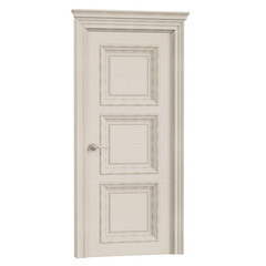 A white door with three panels and a silver handle