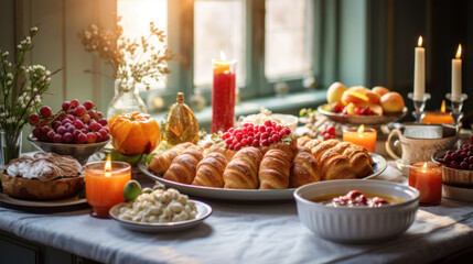 A cozy breakfast or a festive lunch served on a wooden table by the window. 
