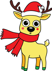 Fototapeta premium Deer Vector design with Outline of A cute Jingle the Reindeer wearing a Santa clause hat and scarf on white background
