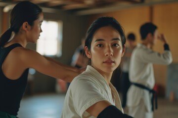 Young Asian woman practicing martial arts in a dojo