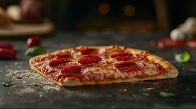 Delicious Pepperoni Pizza on a Dark Slate Surface with a Warm Background, Perfect for Food Photography and Culinary Inspiration