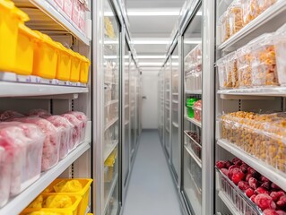 Large blast freezer with visible frost and shelves filled with frozen food trays