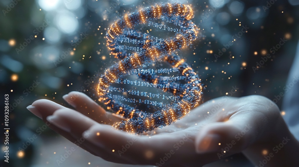 Poster scientist holding glowing dna strand with flowing binary code representing data storage technology