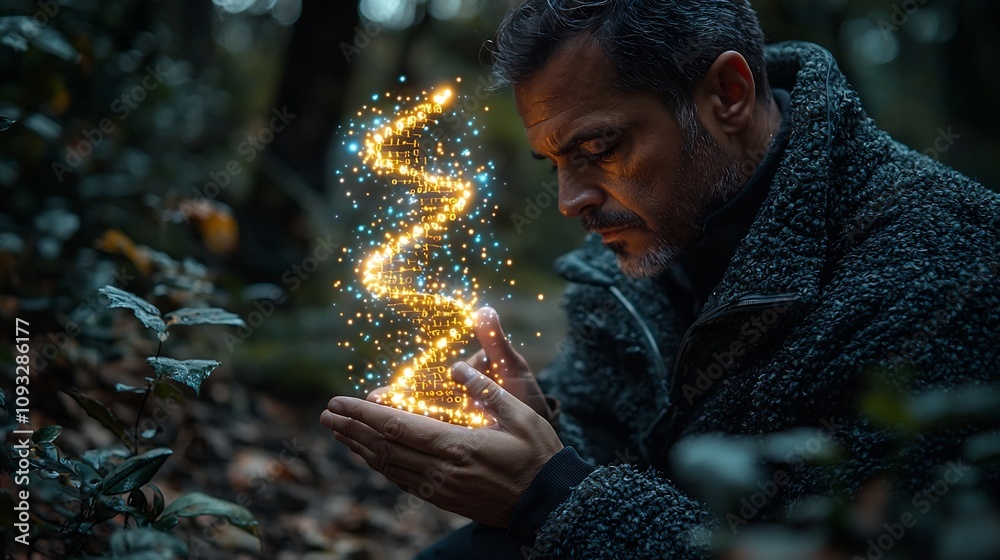 Poster scientist holding glowing dna strand with binary code representing digital data storage innovation