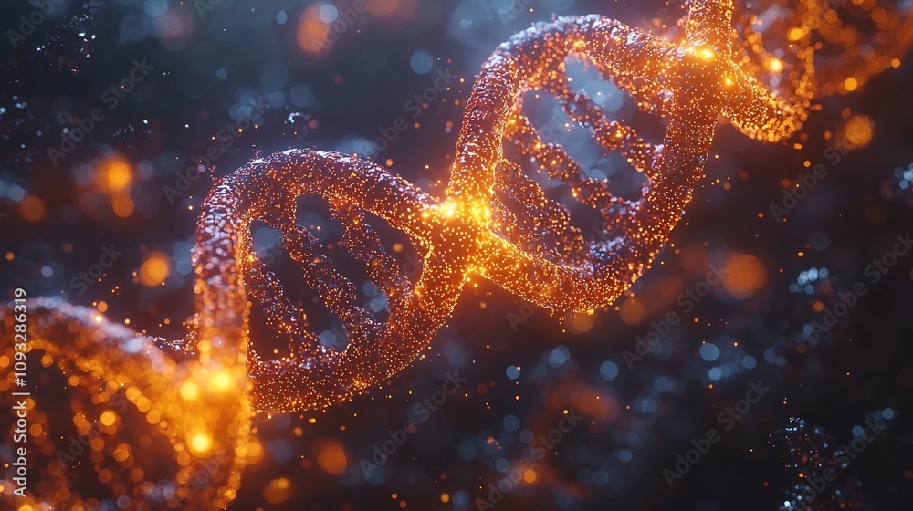 Poster binary code floating through dna molecule representing digital data storage convergence