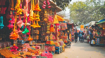 Fototapeta premium Vibrant marketplace with colorful textiles, crafts, and decorations.