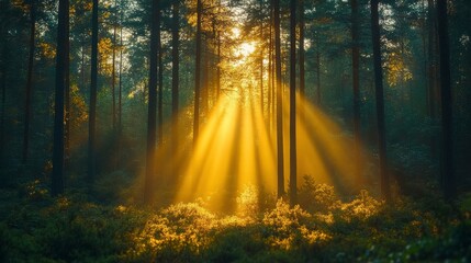 Obraz premium Sunlight Streams Through Trees in a Lush Green Forest, Creating a Magical Atmosphere with Soft Rays Filtering Through the Dense Foliage During the Golden Hour