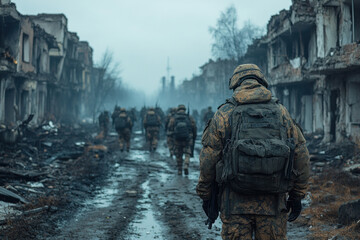 soldiers moving through a ruined city shrouded in fog and smoke. T