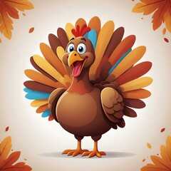 A Cheerful Thanksgiving Turkey Illustration: A Festive Cartoon Bird with Autumn Leaves Background