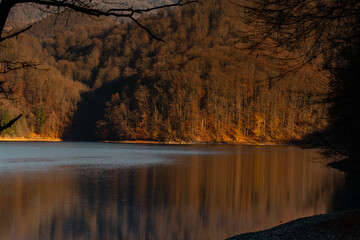 Late autumn sunset light at the lake in Firiza, Romania