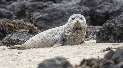 Naklejka premium Young harbor seal pup resting on sandy beach near dark rocks and seaweed.