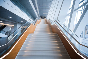 Fire alarm evacuation monitoring concept. A modern staircase with sleek lines and architectural details, illuminated by soft lighting, leading up in a contemporary building.