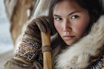 A young inuit woman in seal skin parka with intricate beadwork, traditional mukluks, holding traditional hunting tools.