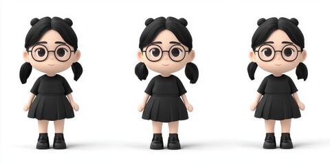 Three cute cartoon figures in black dresses showcasing diverse expressions.