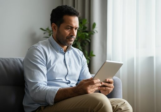 Man reading on tablet in cozy living room with natural light