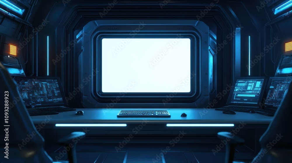 Poster futuristic spaceship bridge workstation with blank screen
