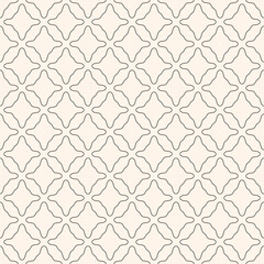 Elegant minimal seamless pattern. Vector geometric texture with outline elements, curved shapes, smooth flower silhouettes. Simple abstract black and white ornament. Repeated monochrome geo background