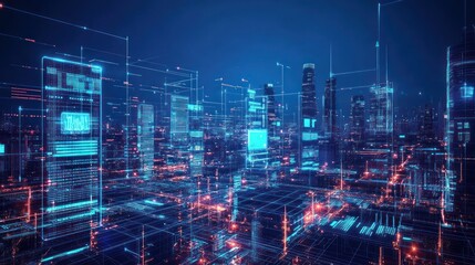 Obraz premium Futuristic cityscape with digital data overlay, showcasing technological advancement and smart city concepts.