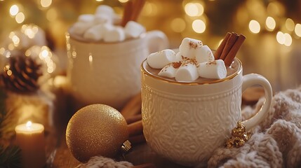Fototapeta premium Festive hot chocolate scene featuring marshmallows and cinnamon sticks styled with cozy Christmas props and golden lighting