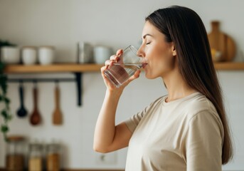 Woman drinking water in modern kitchen for healthy lifestyle