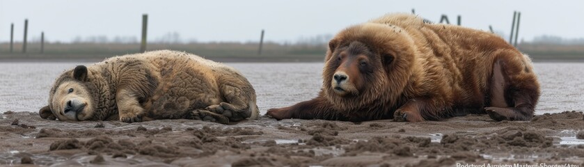Fototapeta premium Two large, furry animals rest side by side on a muddy riverbank, showcasing their unique appearances and relaxed demeanor.