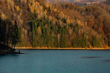 Late autumn sunset light at the lake in Firiza, Romania
