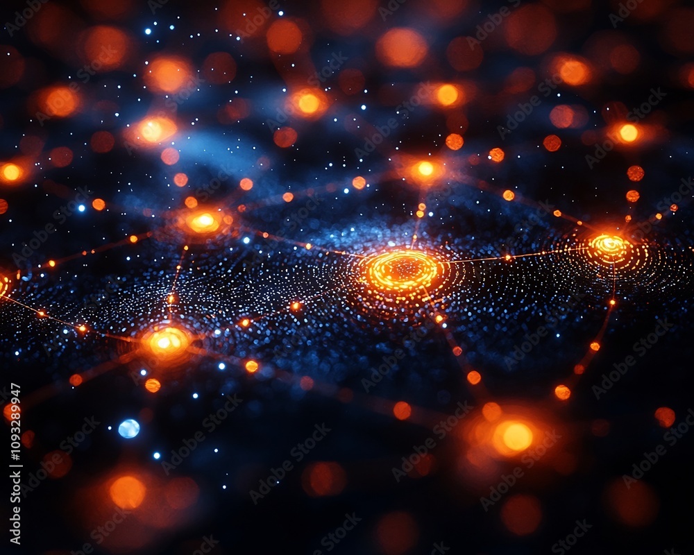 Poster glowing quantum internet core processing center with entangled nodes and futuristic data backdrop