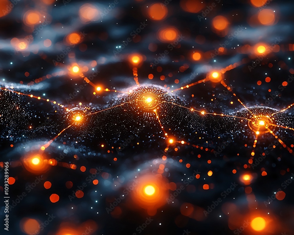 Poster glowing quantum internet core processing center with futuristic data hub and entangled nodes