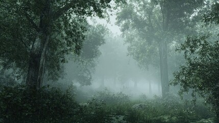 Fototapeta premium Misty Forest Path: An Enchanting Green Escape
