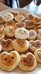 Obraz premium Overhead shot of heart-shaped pancakes with faces drawn in whipped cream, surrounded by syrup confetti, printspace ,Soft pink and gold tones, soft lighting, romantic mood