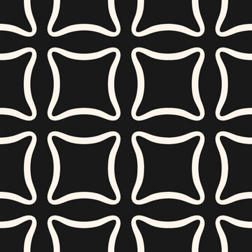 Simple abstract geometric seamless pattern. Black and white minimal vector texture with rounded shapes in regular grid, squares, pillows. Monochrome background. Modern dark repeated design for decor