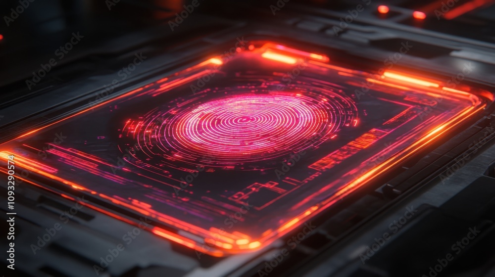 Poster futuristic digital fingerprint display on high-tech interface in neon colors with glowing lines and 