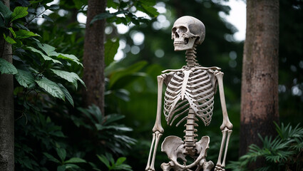 Skeleton artistically posed among lush plant life in forest.