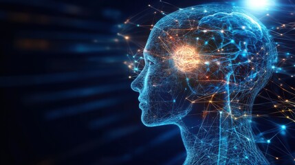 Fototapeta premium futuristic scene of AI neural interface being integrated into human brain, glowing synaptic connections, advanced cybernetic design