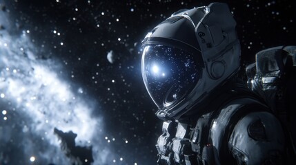 Astronaut in Space, Gazing at the Infinite Cosmos Surrounded by Stunning Stars, Galactic Nebulae, and Celestial Bodies in a Dark Universe