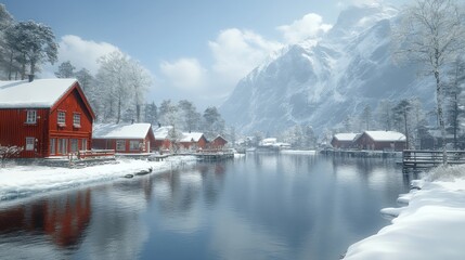 Fototapeta premium A serene winter landscape with red houses by a calm river surrounded by snow-covered mountains.