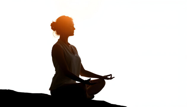 Beautiful business lady meditating; copy space horizontal size photo isolated with white highlights, png