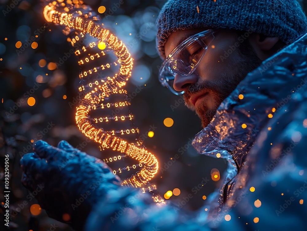 Poster scientist observing dna strand with encoded binary data in minimalist space concept