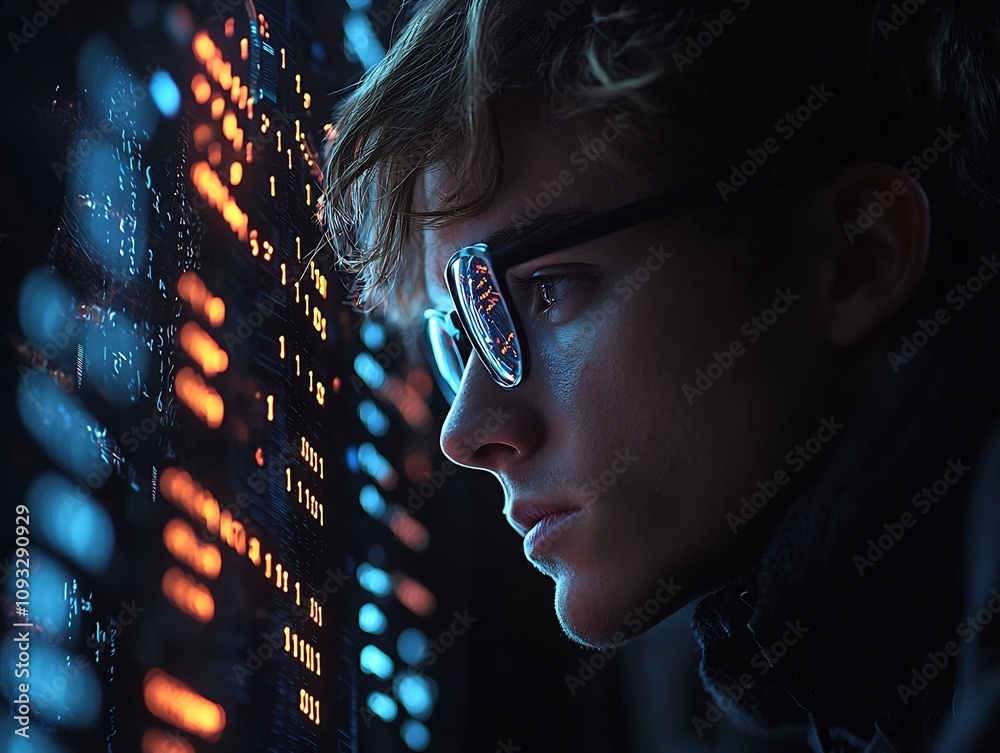 Poster scientist examining digitalized dna strands and encoded binary files in minimalist futuristic space