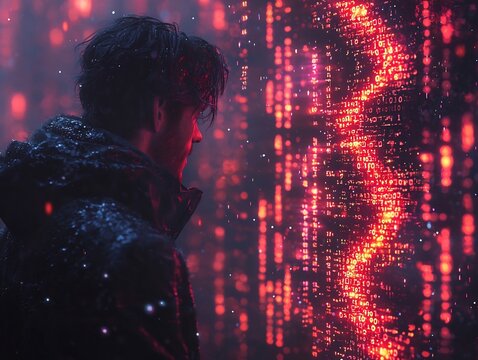 Scientist Observing Encoded DNA Strand with Floating Digital Files in Minimalist Space