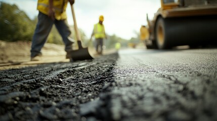 a civil engineer inspecting freshly laid asphalt, with a construction worker in the background preparing tools.