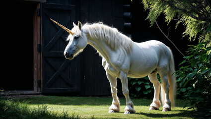 Elegant unicorn in sunlight near a rustic wooden barn.