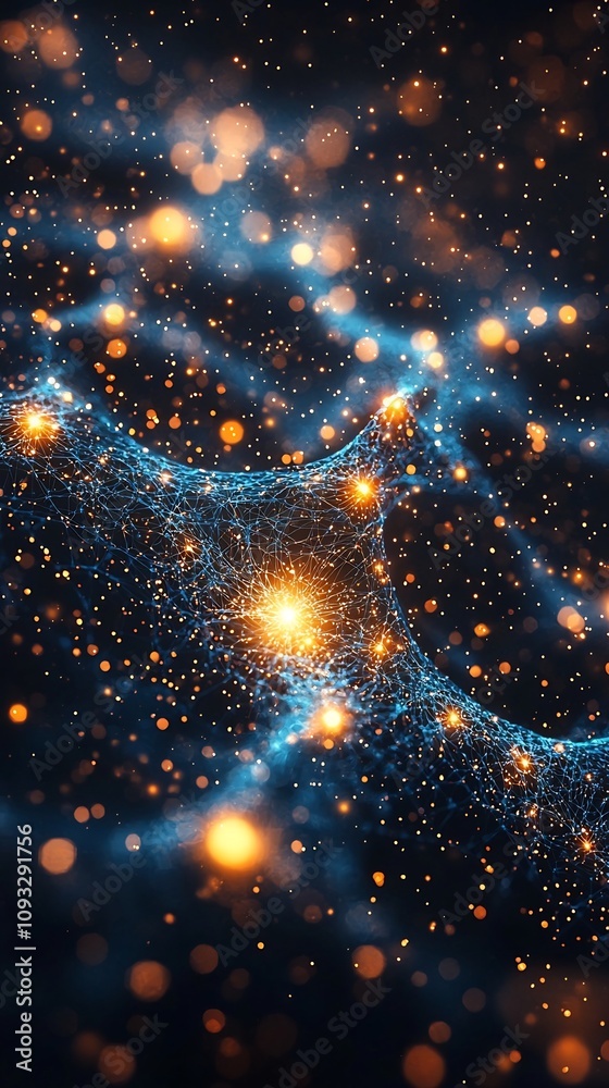 Poster dynamic quantum internet visualization showcasing interconnected nodes and vibrant particle network
